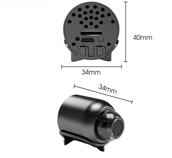 Mini Spy Camera on table, Back view of wireless spy camera, Spy cam showing motion detection in action