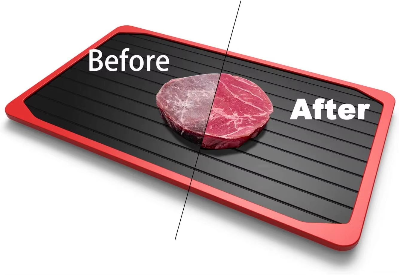 RapidThaw aluminum defrosting tray for frozen meat and food