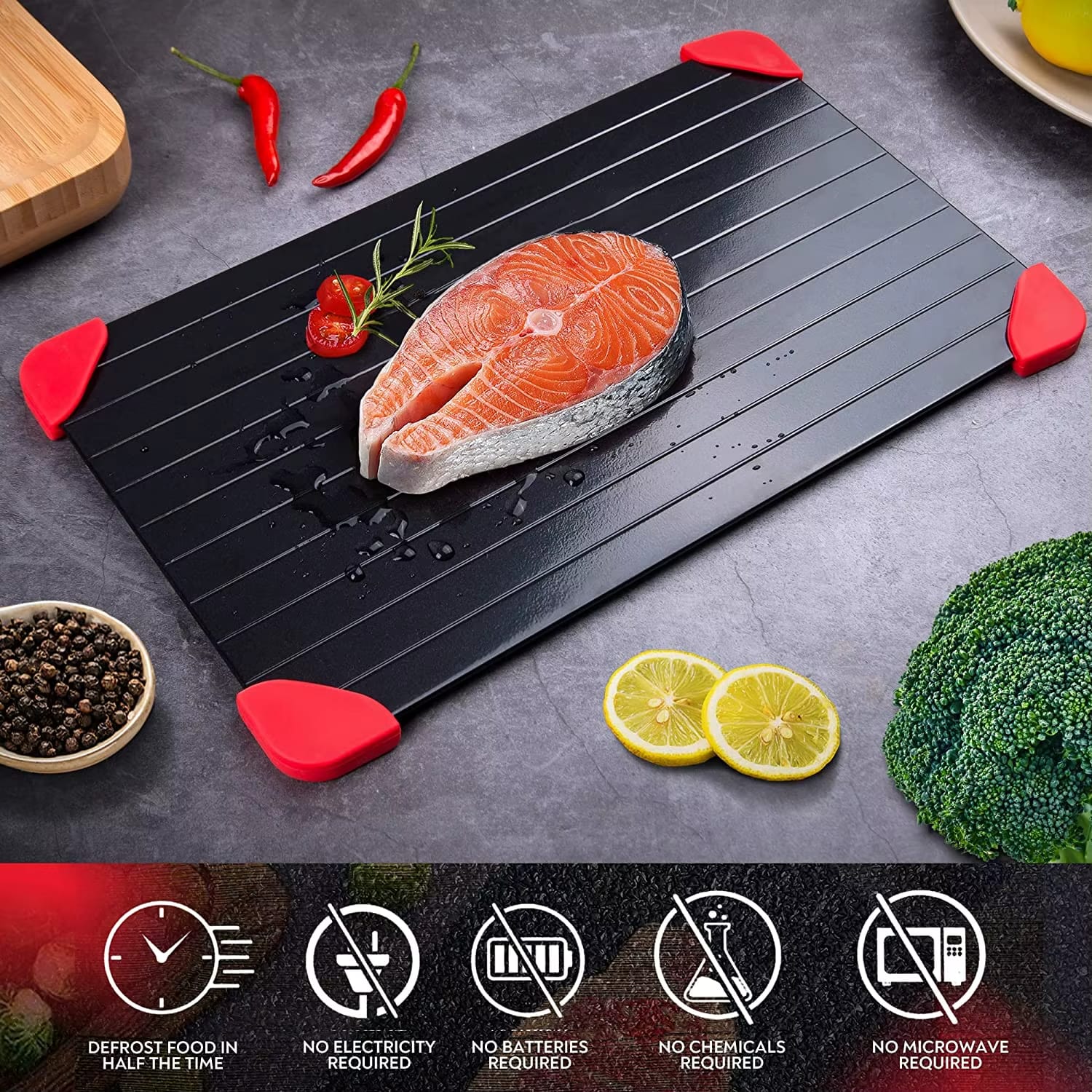 RapidThaw aluminum defrosting tray for frozen meat and food
